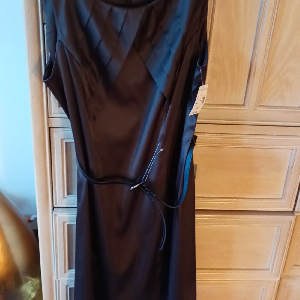 NEW Dressbarn Size 14 Brown Satin Shiny Shift Pleat Dress Sleeveless NWT
